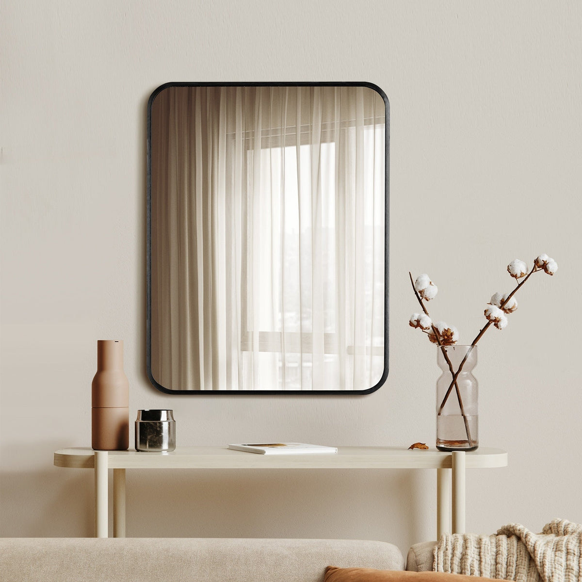 Oikiture Wall Mirrors Rectangle Makeup Mirror Metal Frame 65x50cm Black