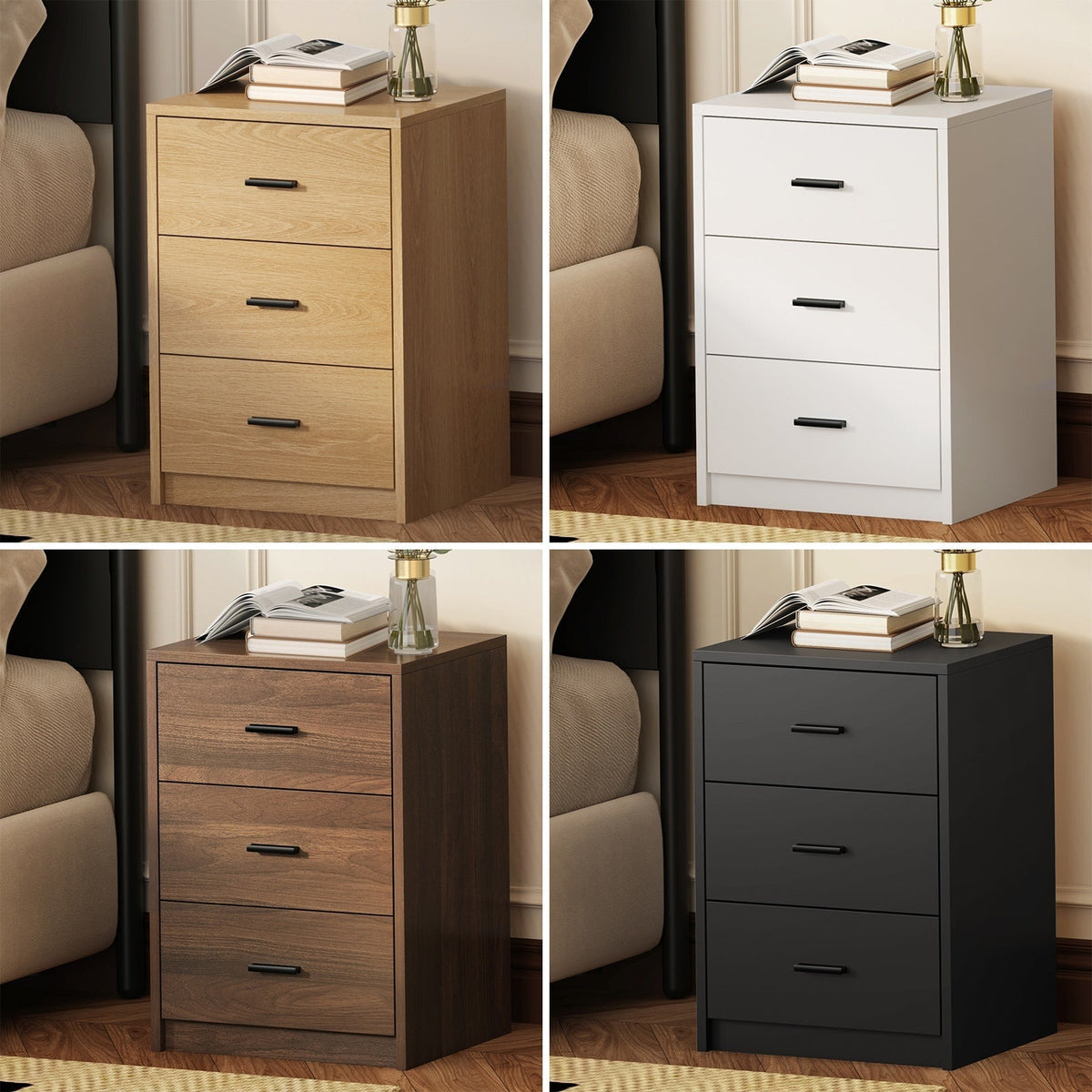 Oikiture Bedside Table 3 Drawers Nightstand Bedroom Storage Side End