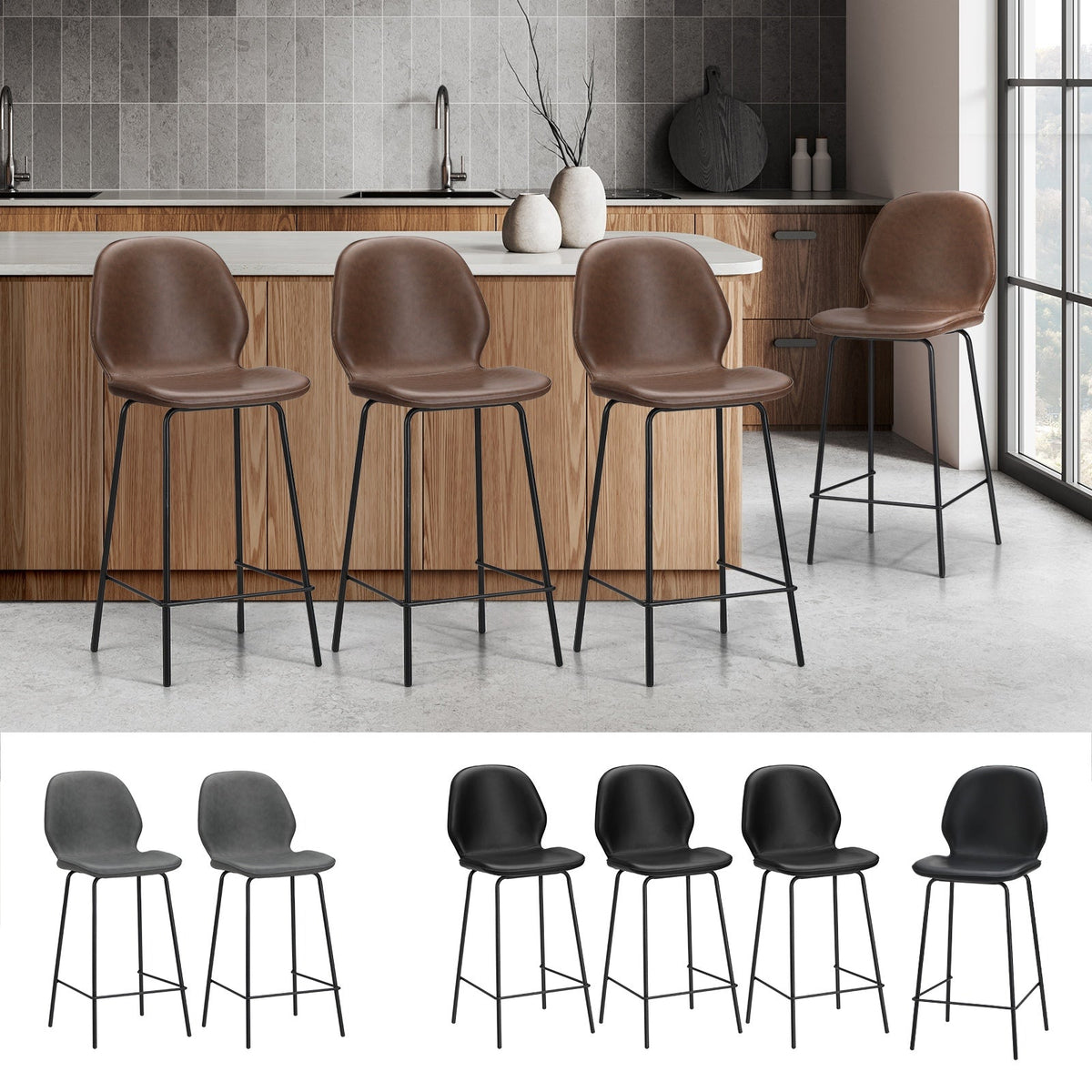 Oikiture 2/4x Bar Stools Kitchen Dining Stool Counter Metal Chairs Leather