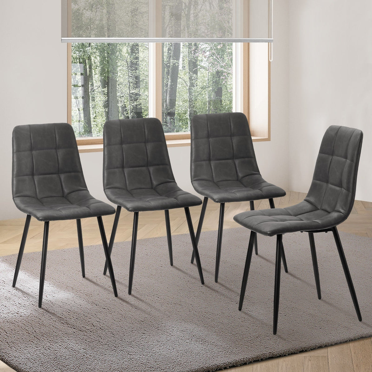 Oikiture 4x Padded Dining Chairs Kitchen PU Leather Seat Retro Grey