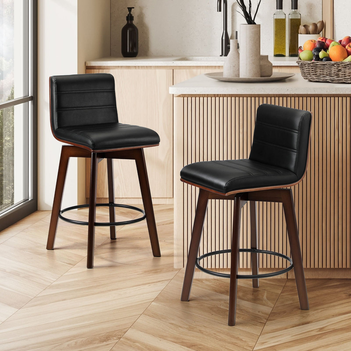 Oikiture 2x Wooden Bar Stools Kitchen Counter Swivel Dining Chair PU Leather