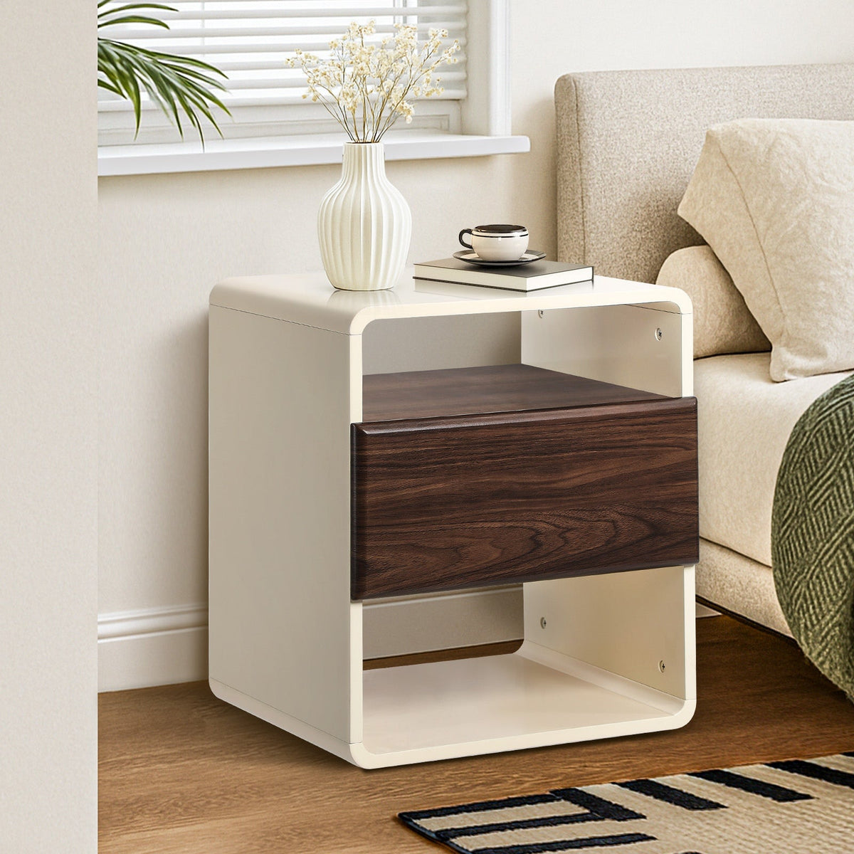 Oikiture Bedside Table Side Nightstand With Drawer Storage Shelf Retro-Modern