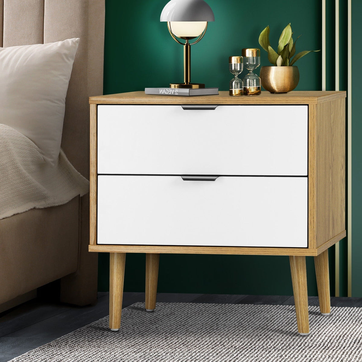 Oikiture Bedside Tables 2 Drawers Side Table Nightstand Storage Cabinet Wood