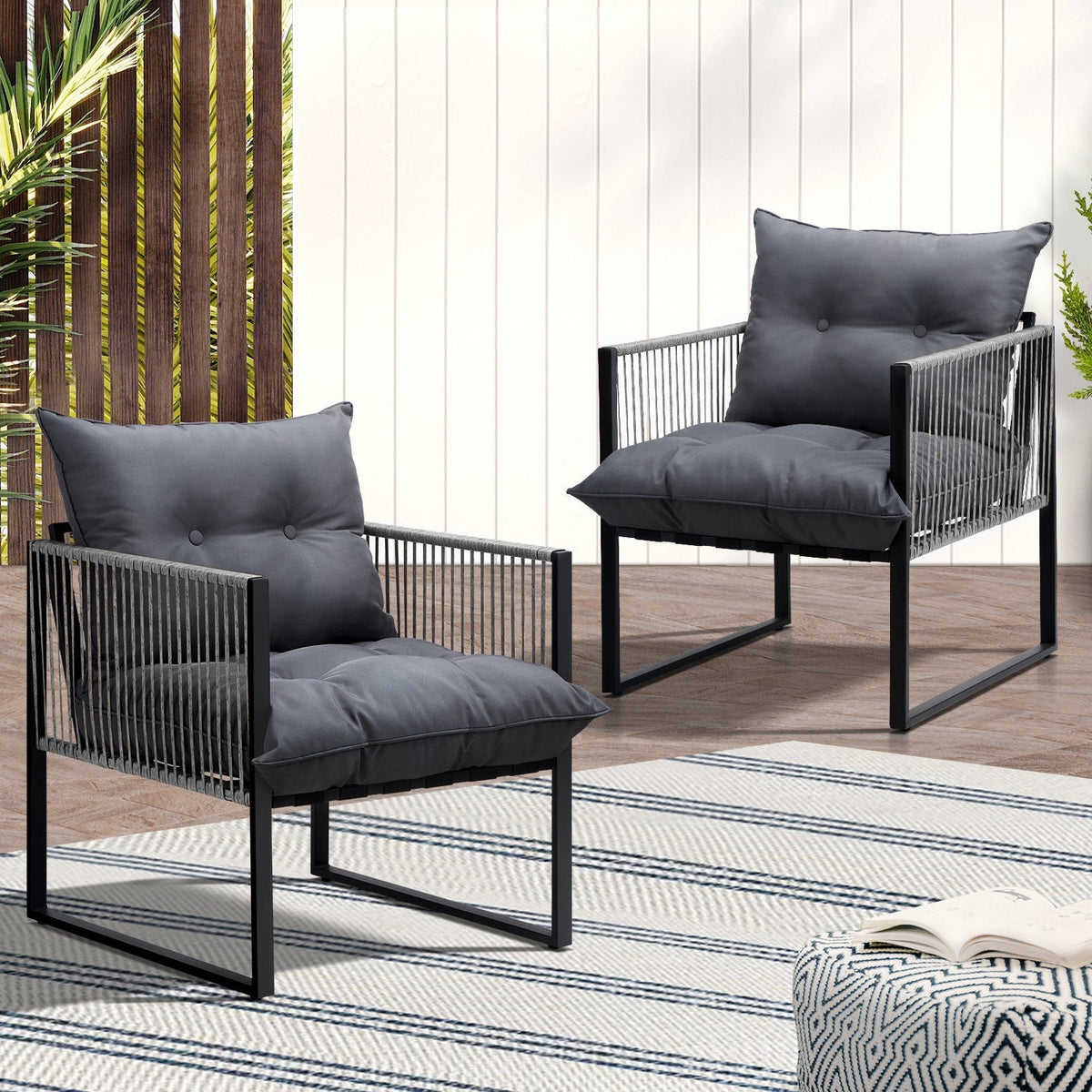 Livsip 2PCS Outdoor Furniture Patio Chairs Garden Lounge Sofa Set PE Wicker Grey