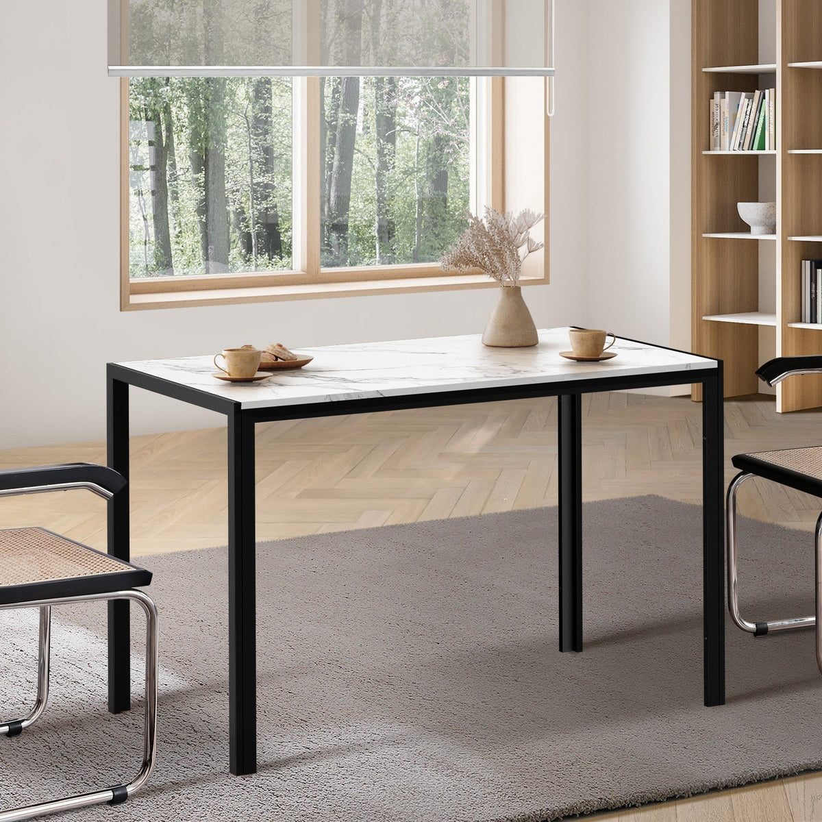 Oikiture 120cm Dining Table Rectangular Kitchen Table with Metal Leg White and Black