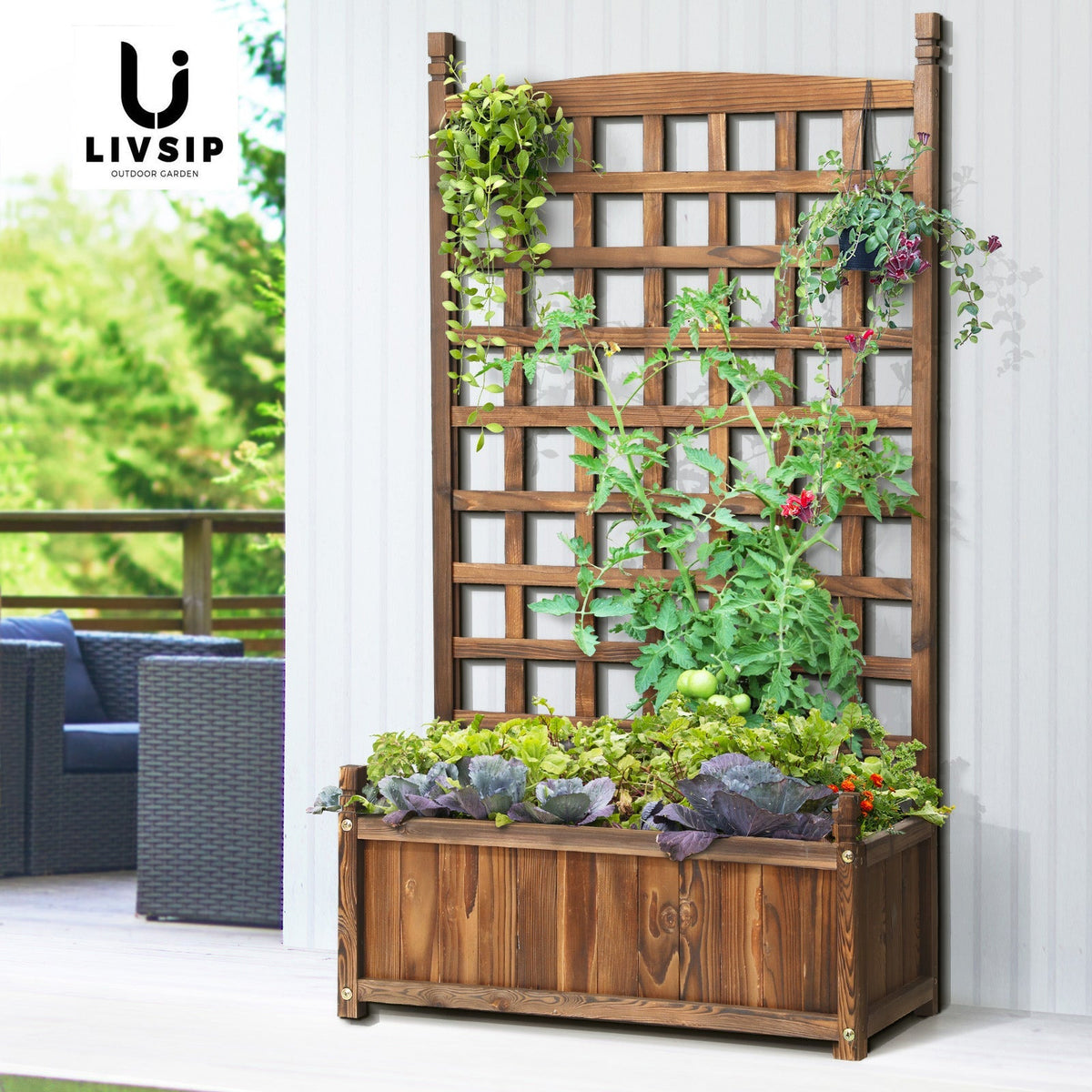 Livsip Raised Garden Bed Wooden Planter Box Vegetables Outdoor Planting 64x115cm