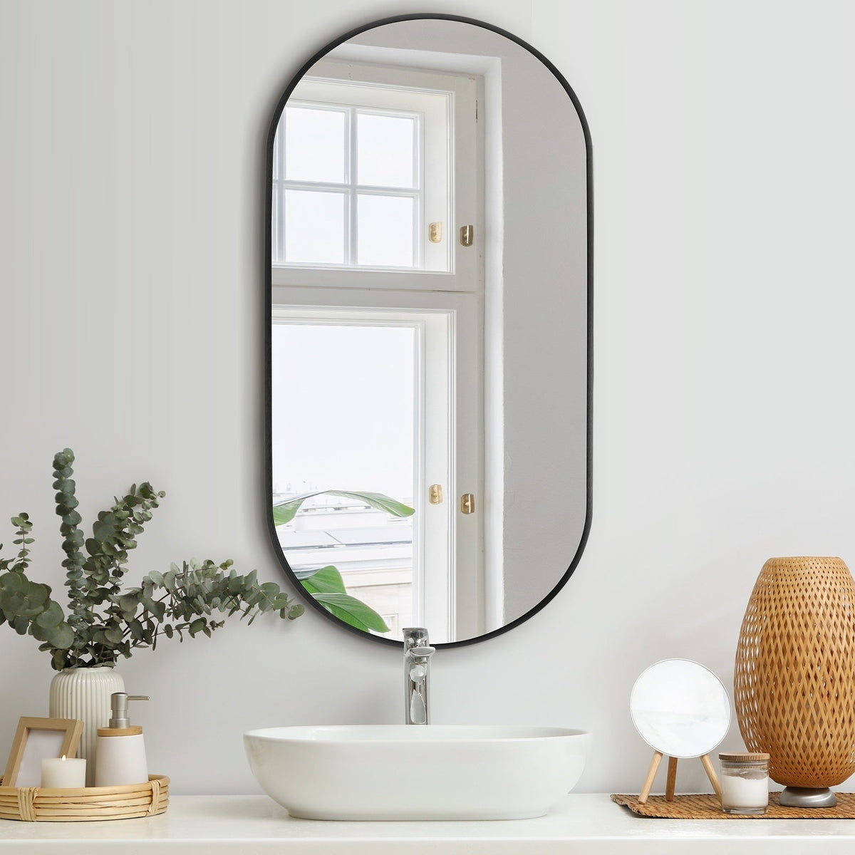 Oikiture Wall Mirrors Oval Makeup Mirror Bedroom Home Decor Black 84x50cm