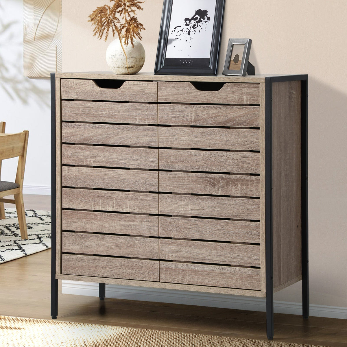 Oikiture Shoe Rack Shoes Storage Cabinet Organiser Shelf 2 Doors Brown
