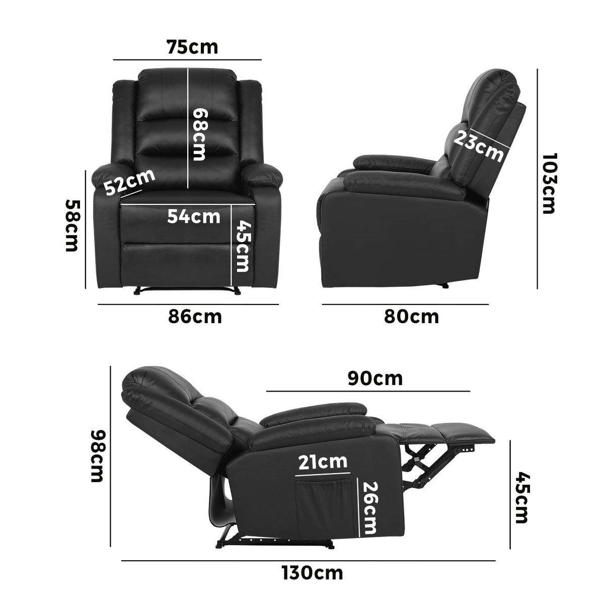 Oikiture Recliner Chair ArmChair Padded Lounge With Side Pocket Polyester/PU