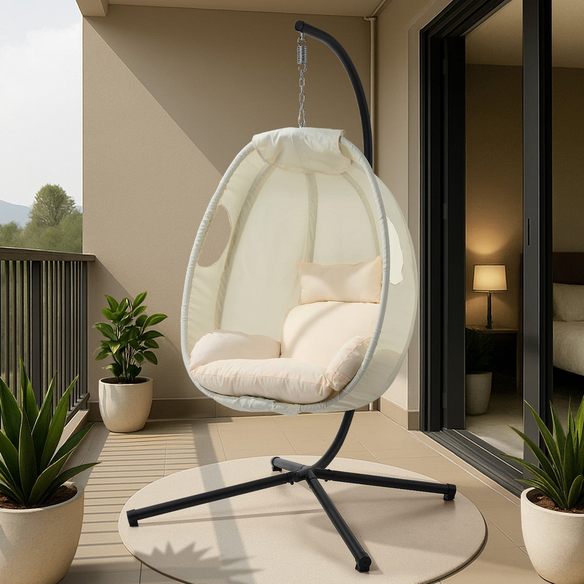 Livsip Outdoor Egg Hanging Chair Swing Seat Furniture with Stand Cushions Beige