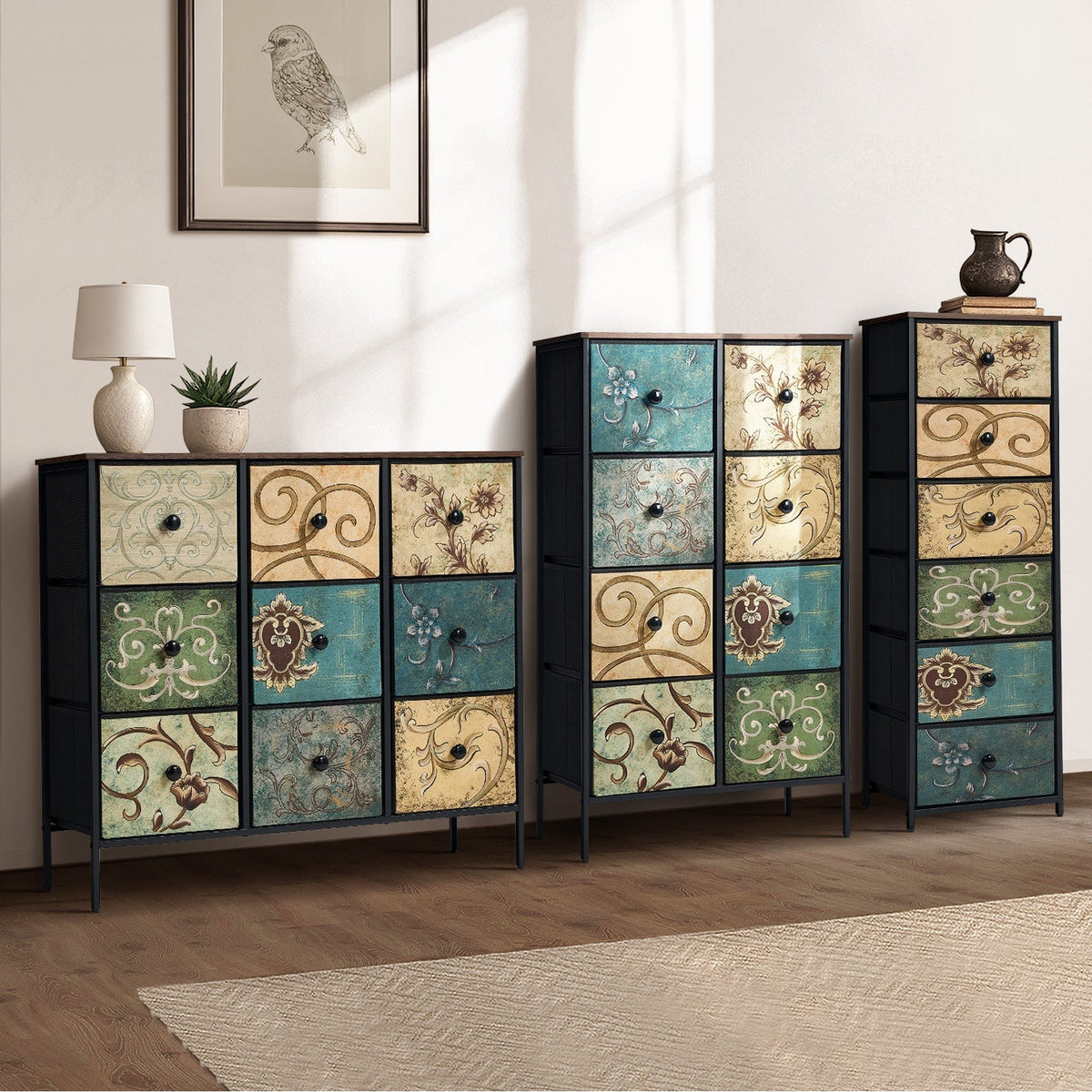 Oikiture Chest of Drawers Fabric Vintage Tallboy Storage Cabinet Dresser