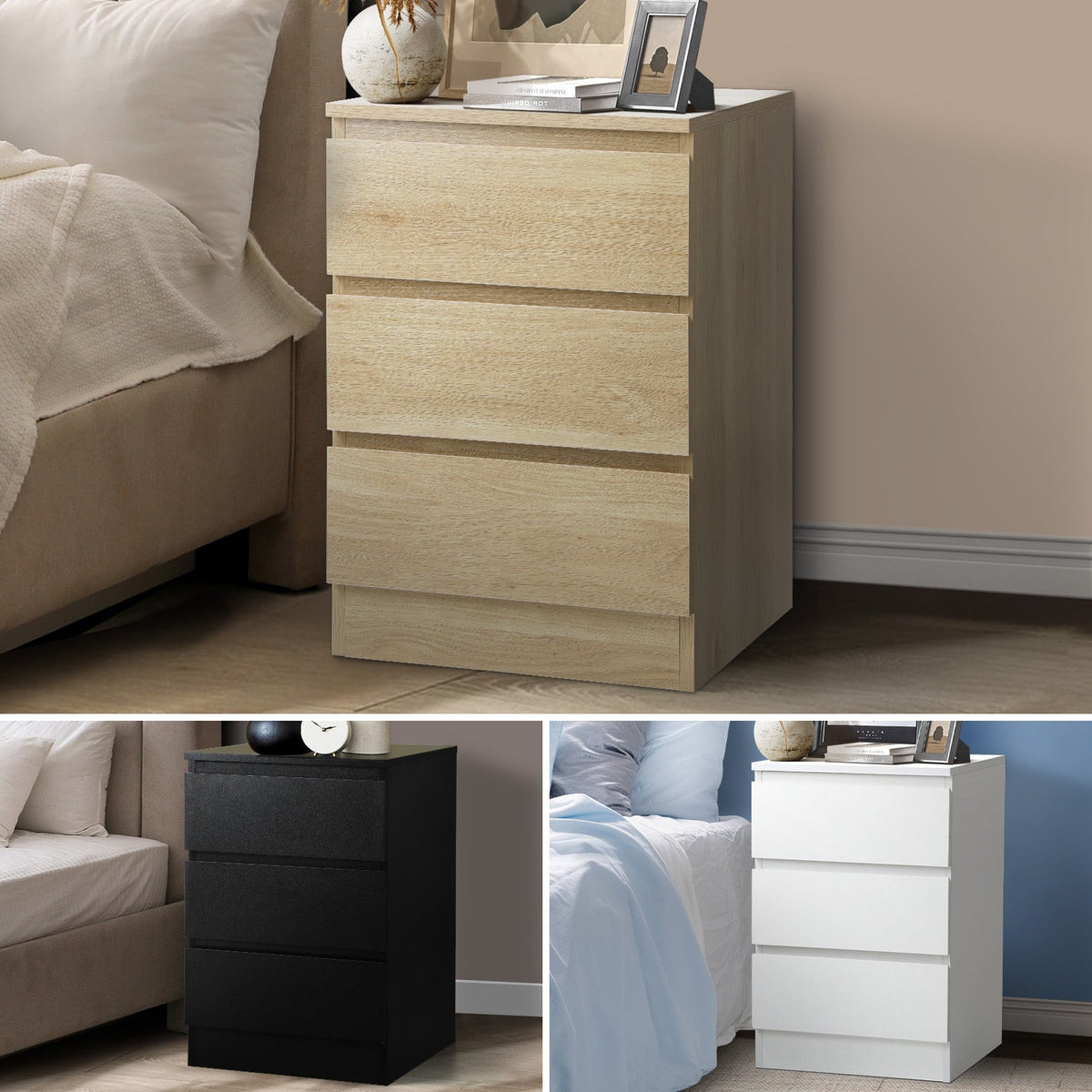 Oikiture Bedside Table 3 Drawers Side Tables Storage Cabinet Nightstand