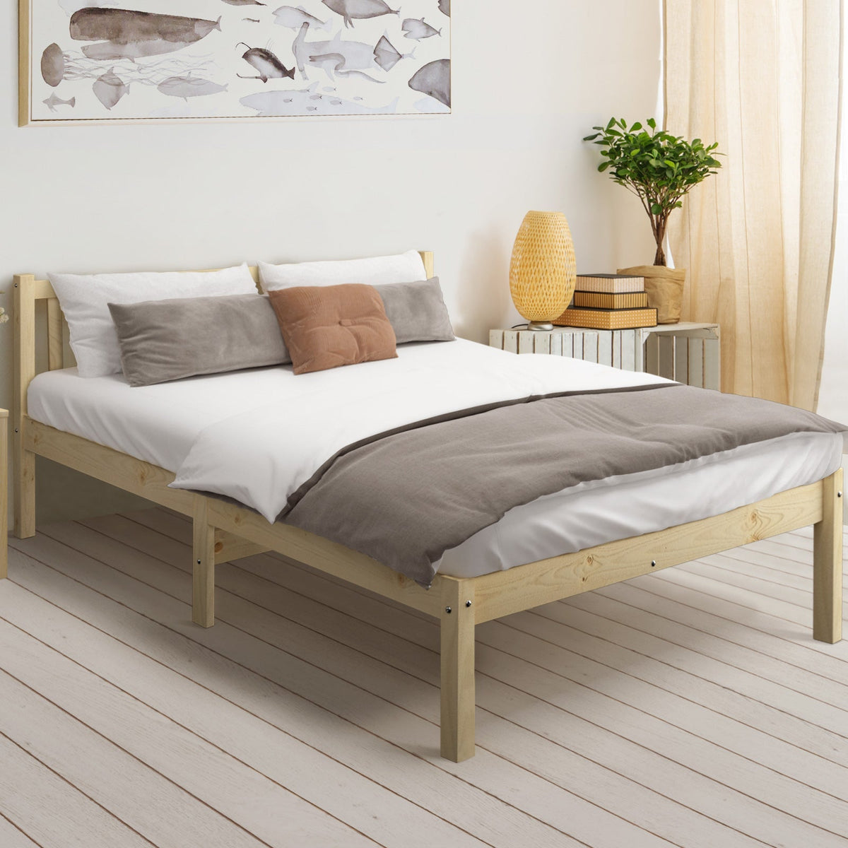 Oikiture Bed Frame Queen Double King Single Wooden Mattress Base Wood Headboard
