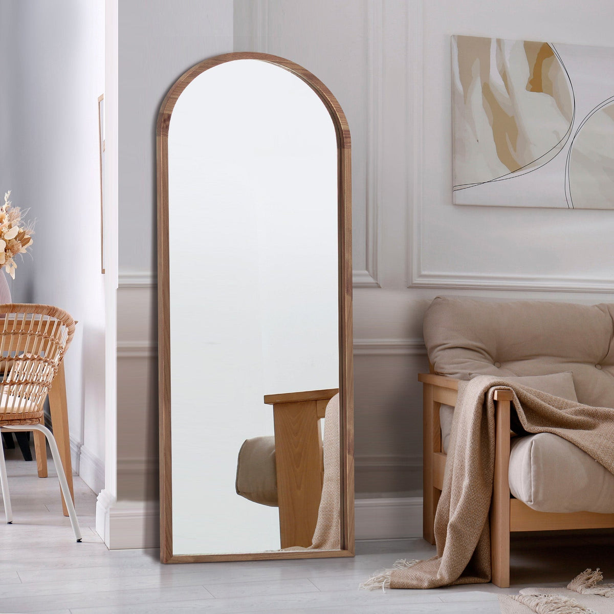 Oikiture Wooden Full Length Mirror 180x70cm Arched Dressing Floor Mirrors Brown