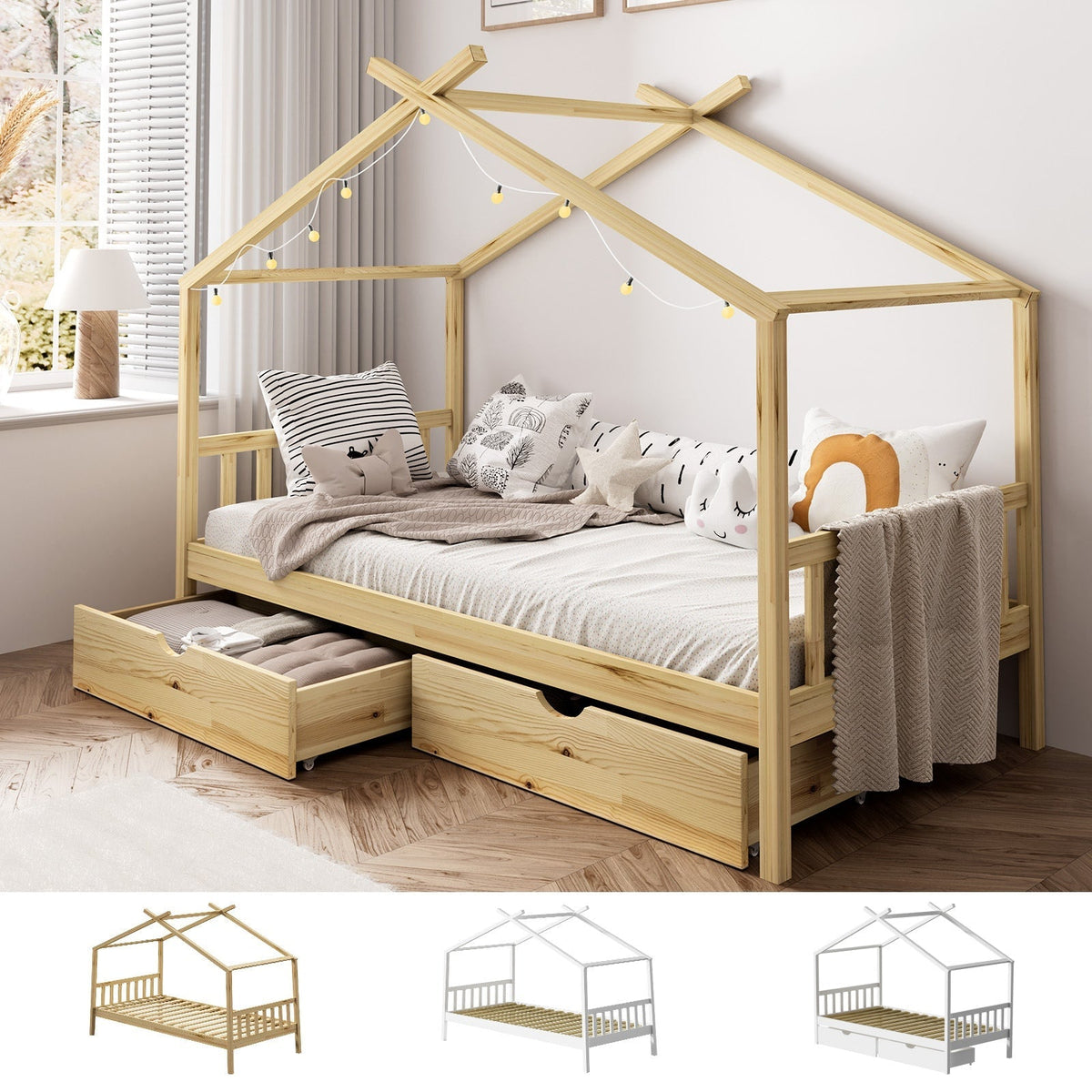 Oikiture Bed Frame Wooden Single Timber House Base Beds Pine Storage Drawers