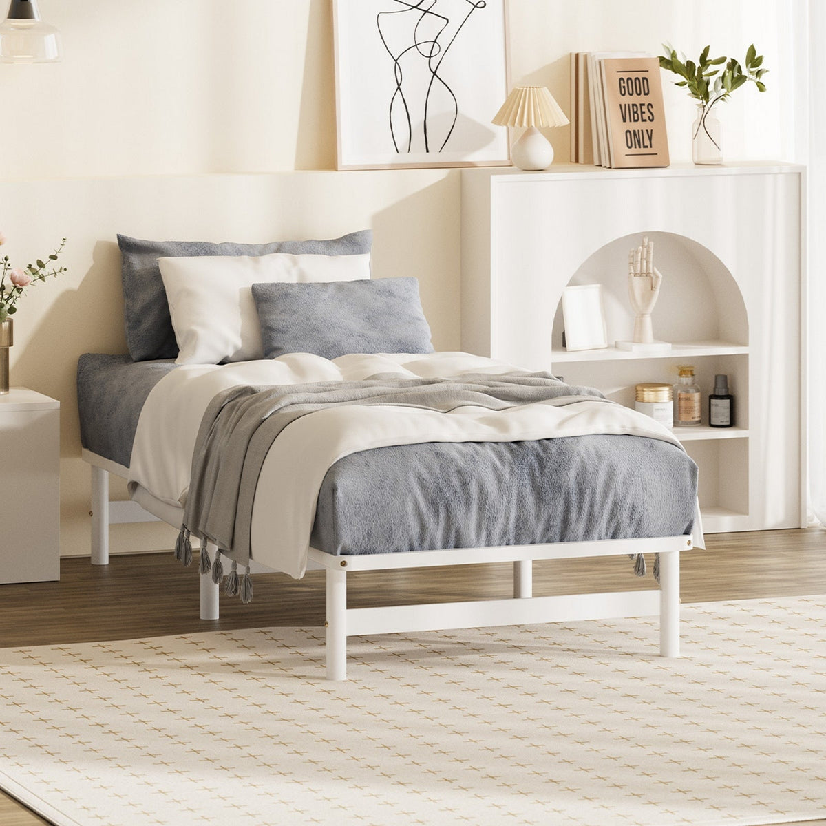 Oikiture Wooden Bed Frame Base Platform Pine Timber King Single Size Beds White