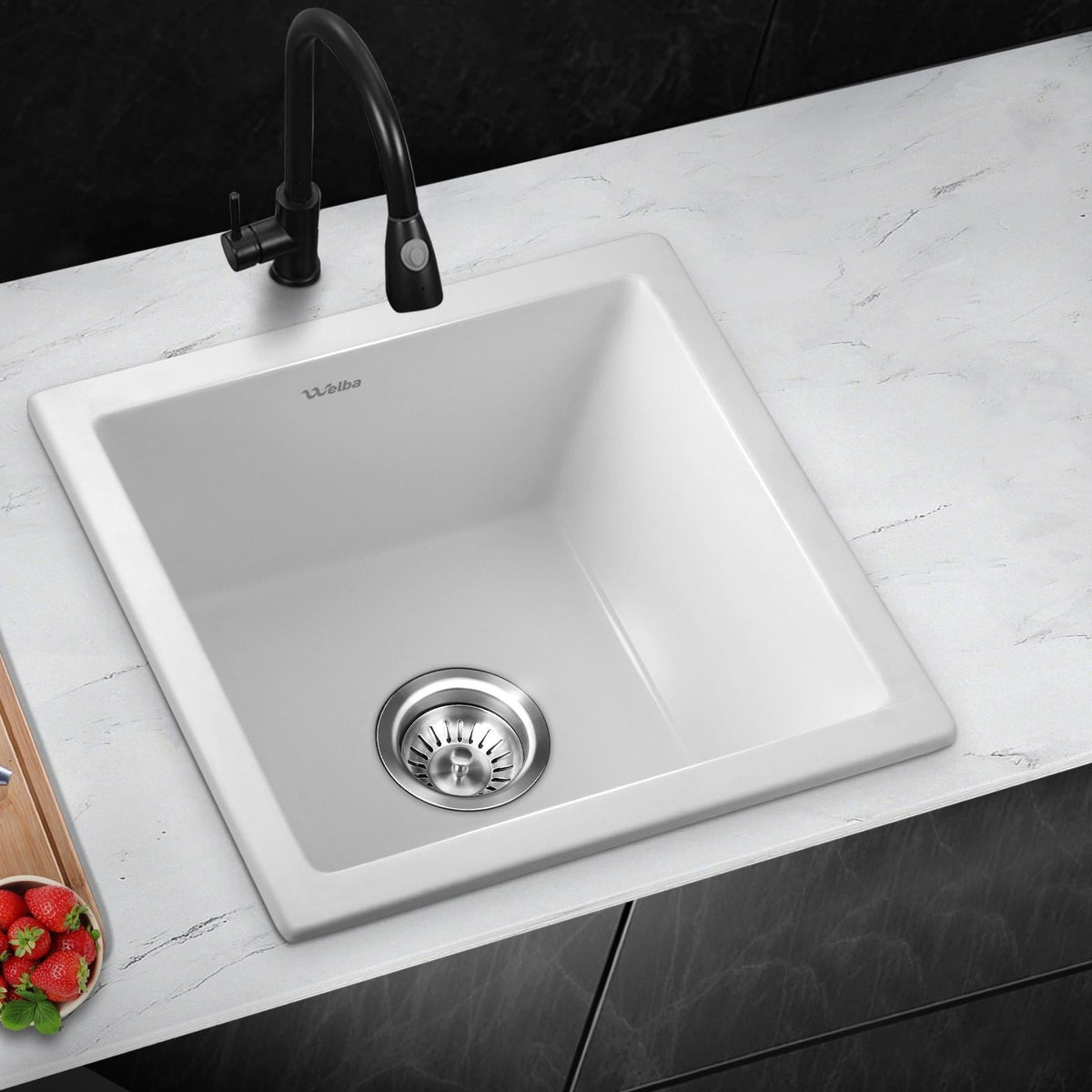 Welba Kitchen Sink 38x38cm Granite Stone Sink Basin Single Bowl White