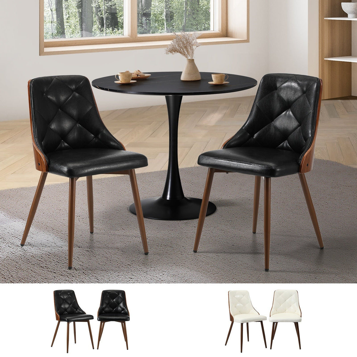 Oikiture Dining Chairs Set of 2 Tufted Glossy Faux PU Leather