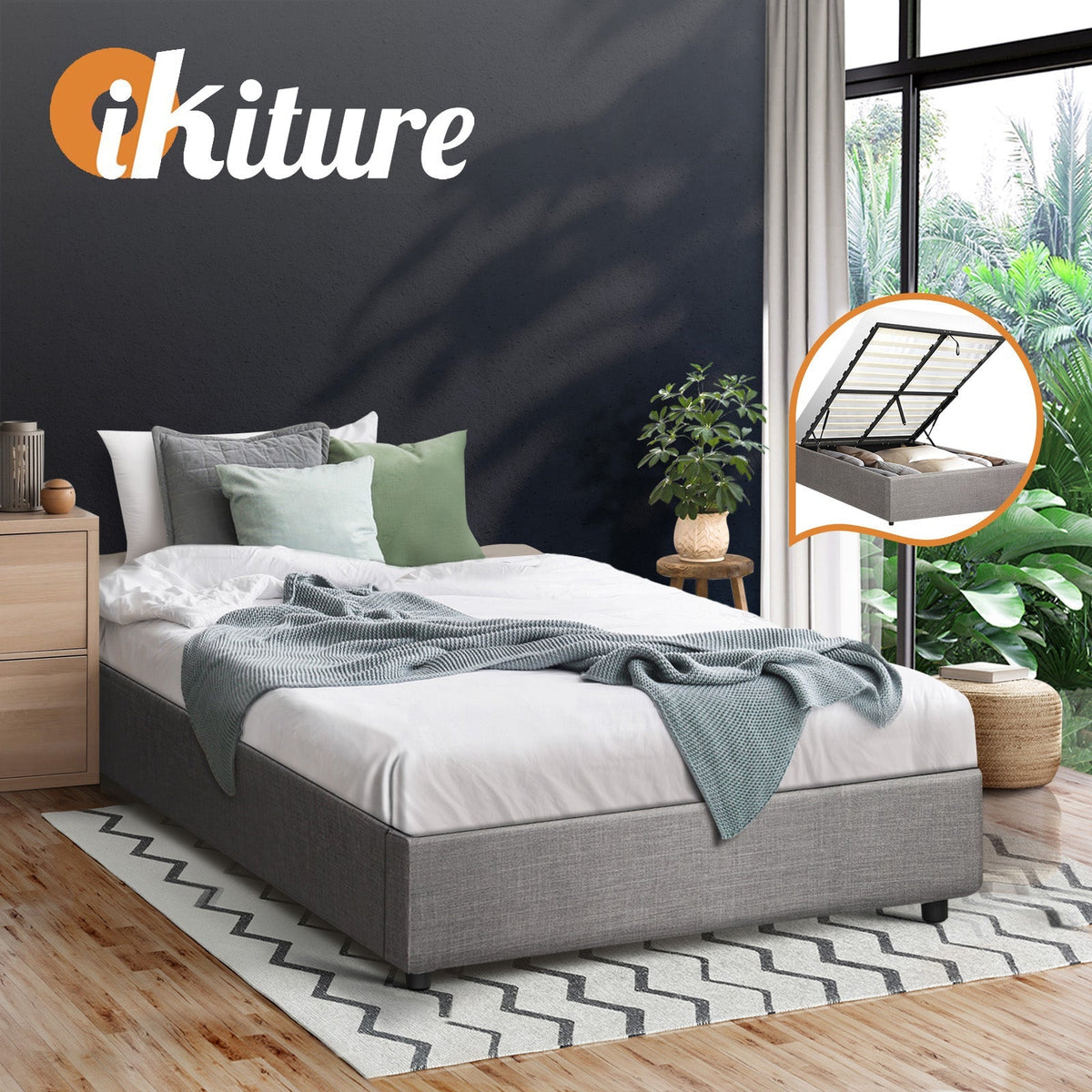 Oikiture Bed Frame Queen Double King Single Gas Lift Base With Storage Platform