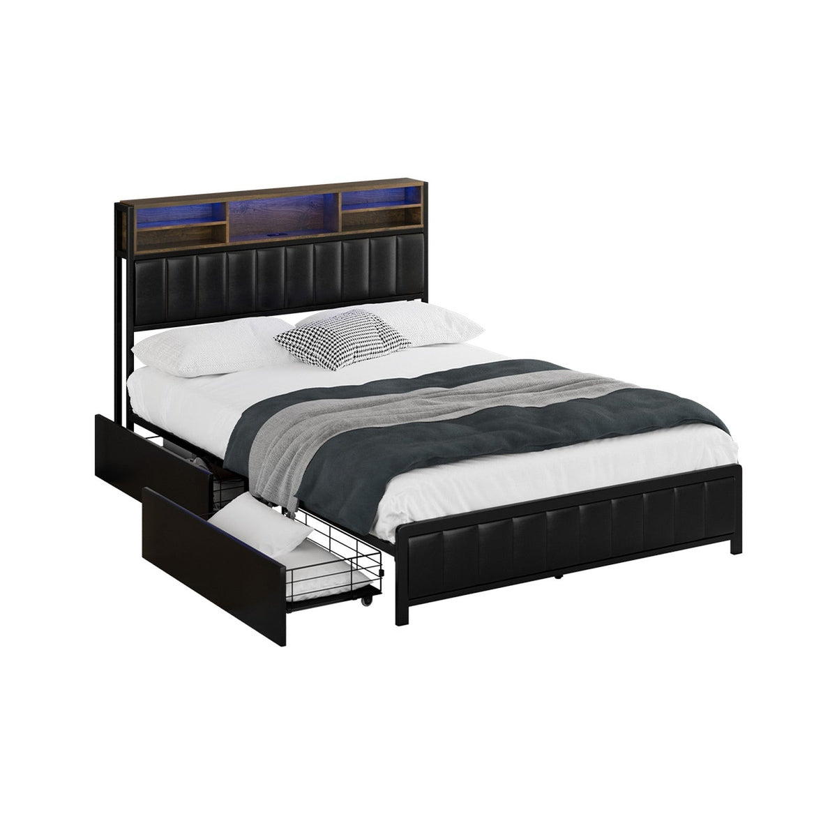 Oikiture Queen Double King Single Bed Frame with LED Headboard 2 Drawers USB
