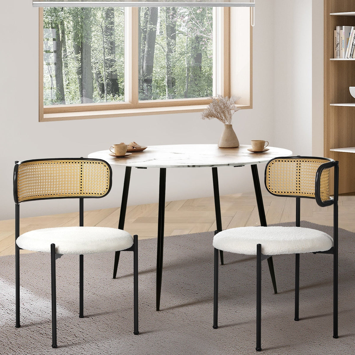 Oikiture Dining Chair Round Boucle Kitchen Lounge Backrest Black and White