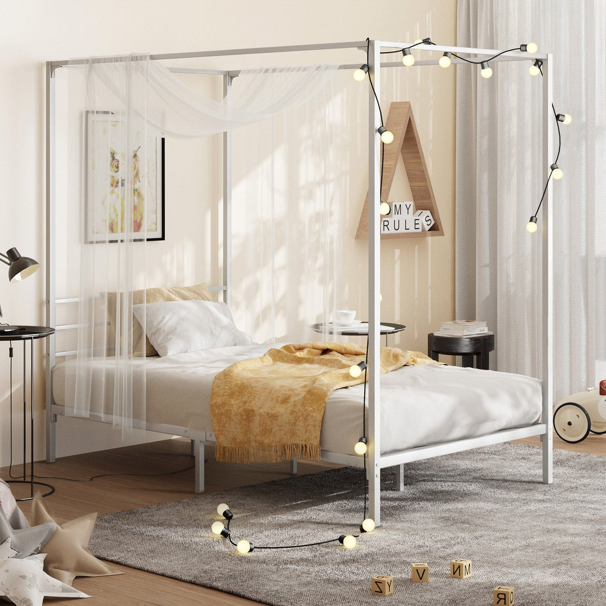 Oikiture Metal Bed Frame Queen Double Single Size Canopy Beds Platform