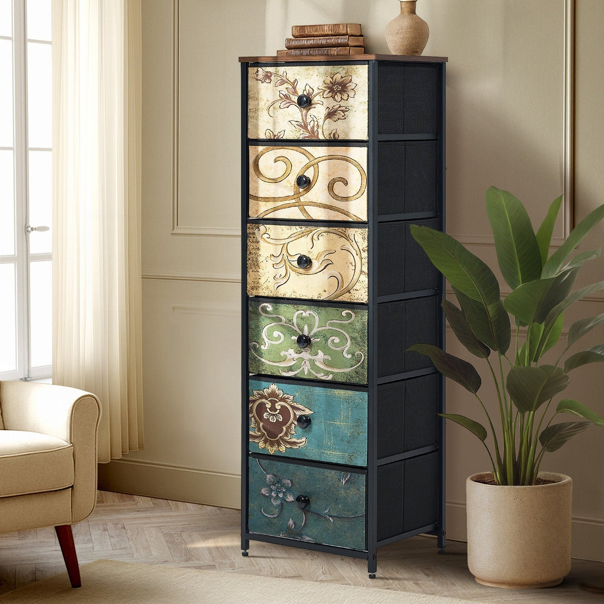 Oikiture Chest of Drawers Fabric Vintage Tallboy Storage Cabinet Dresser