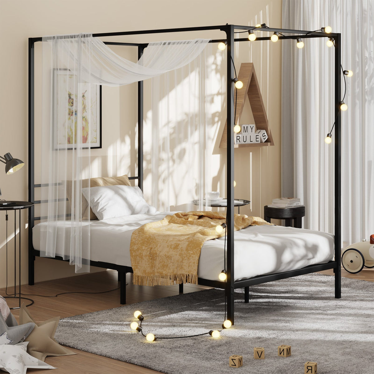 Oikiture Metal Bed Frame Queen Double Single Size Canopy Beds Platform