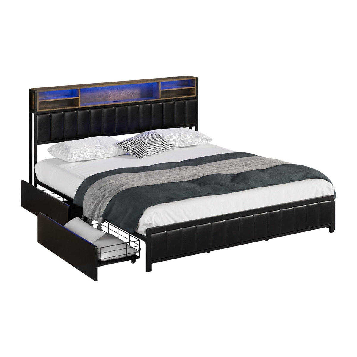 Oikiture Queen Double King Single Bed Frame with LED Headboard 2 Drawers USB