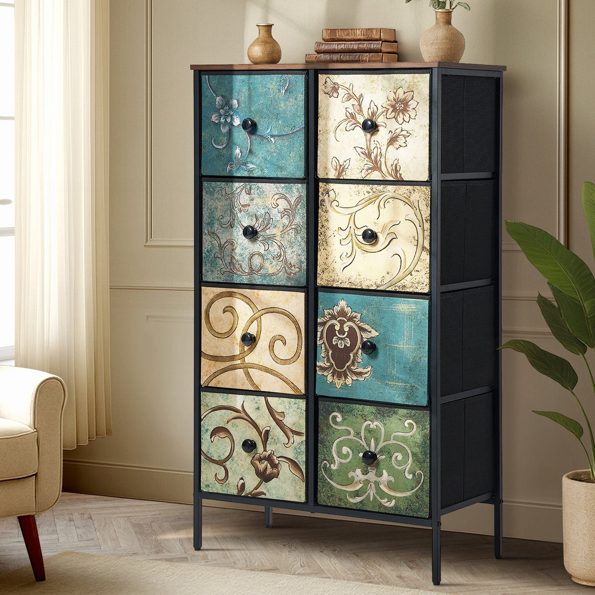 Oikiture Chest of Drawers Fabric Vintage Tallboy Storage Cabinet Dresser