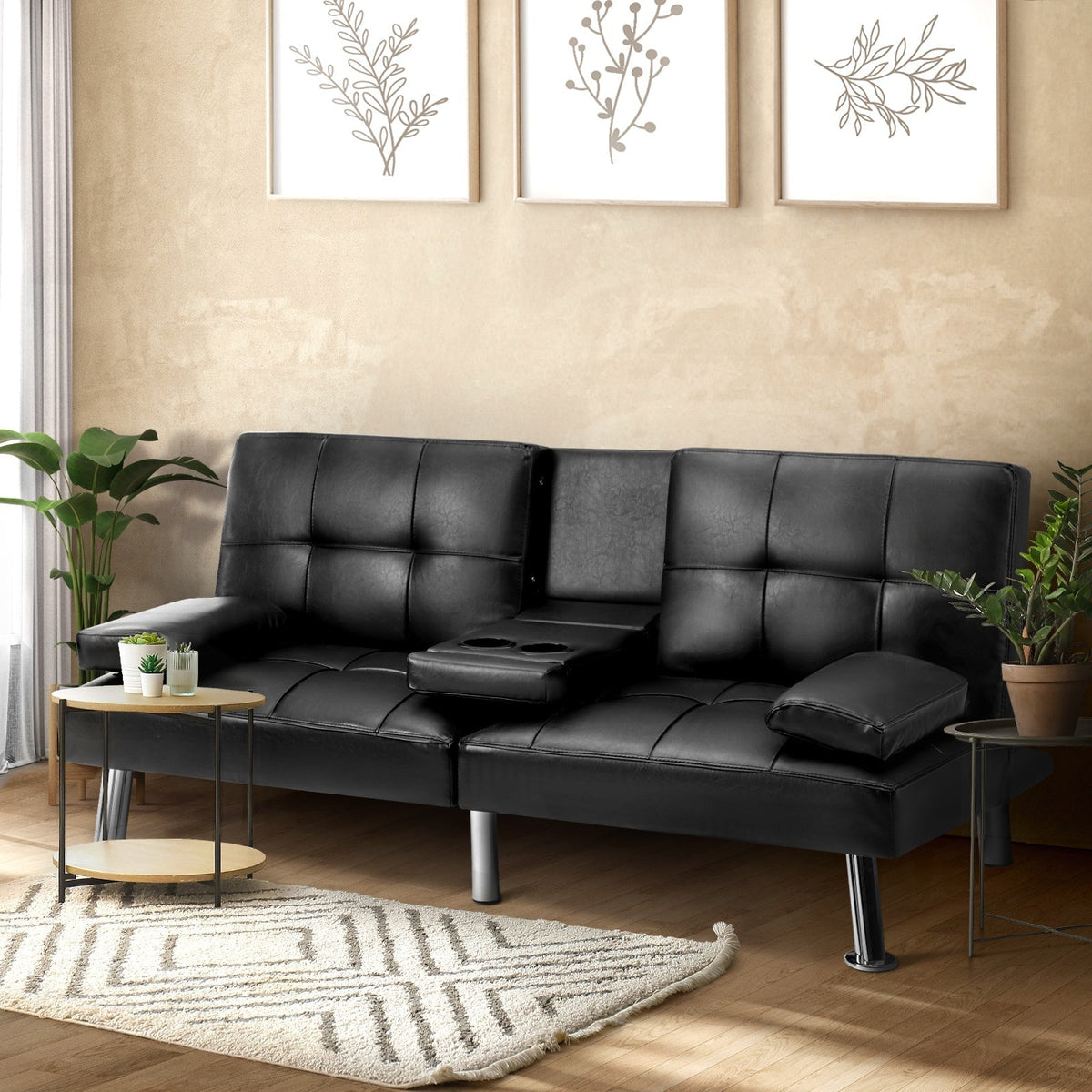Oikiture Sofa Bed Lounge 3 Seater Futon Couch Recliner Cup Holder Sofabed Seat