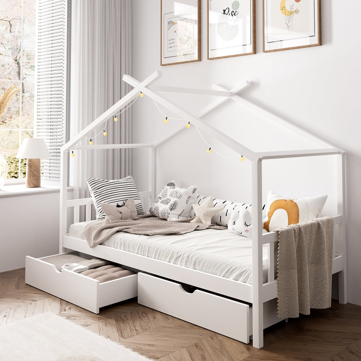 Oikiture Bed Frame Wooden Single Timber House Base Beds Pine Storage Drawers