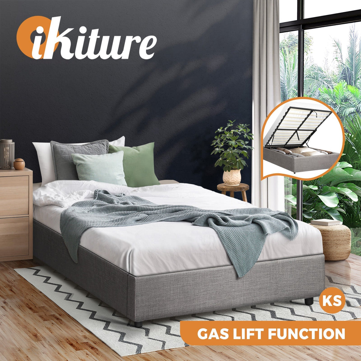 Oikiture Bed Frame Queen Double King Single Gas Lift Base With Storage Platform
