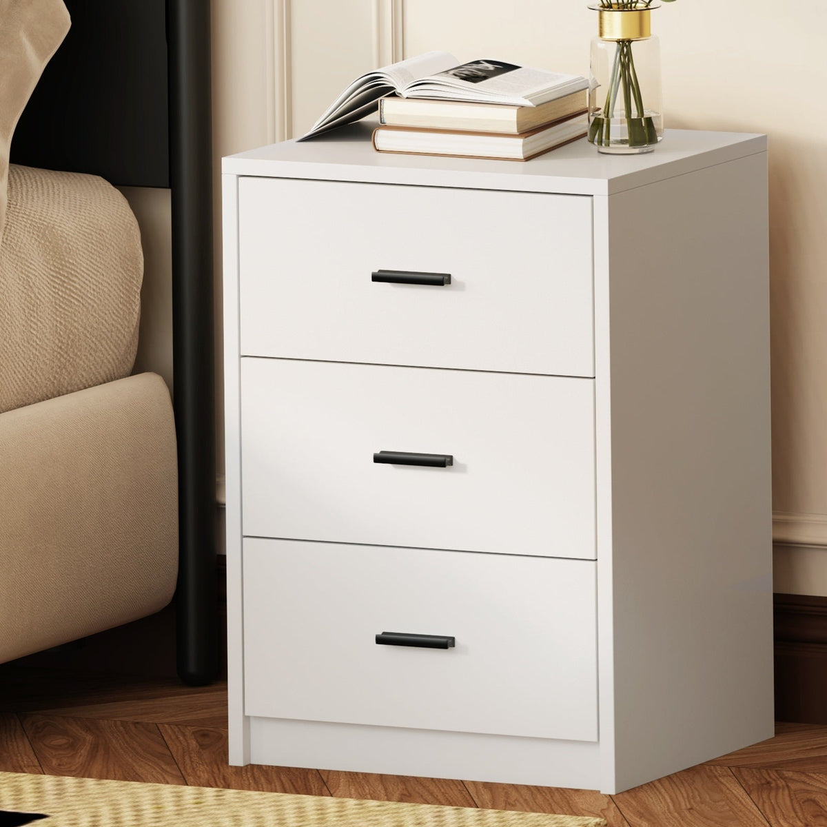 Oikiture Bedside Table 3 Drawers Nightstand Bedroom Storage Side End