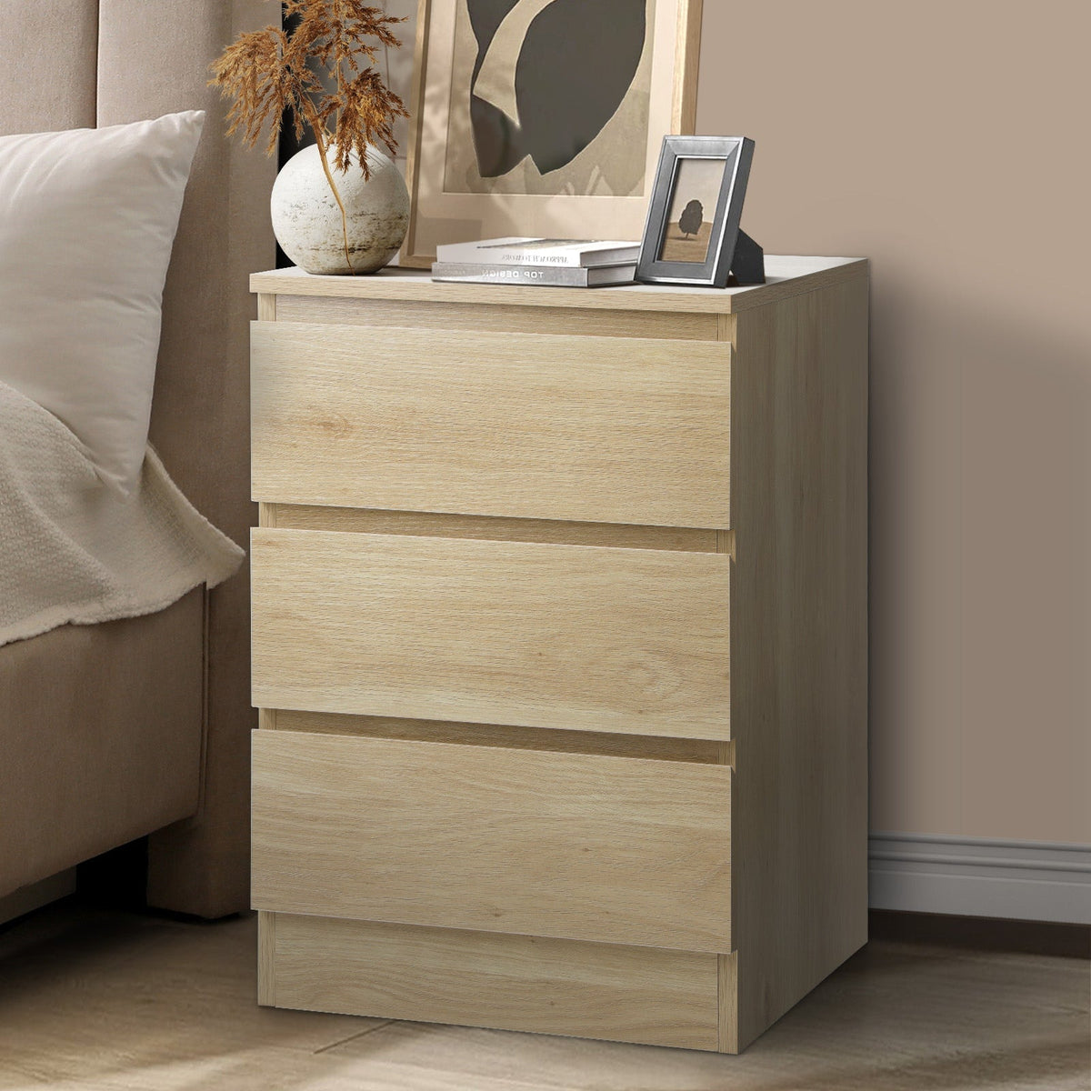 Oikiture Bedside Table 3 Drawers Side Tables Storage Cabinet Nightstand