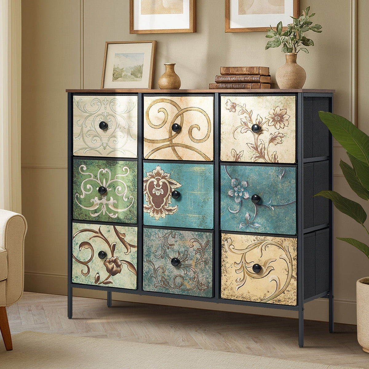 Oikiture Chest of Drawers Fabric Vintage Tallboy Storage Cabinet Dresser