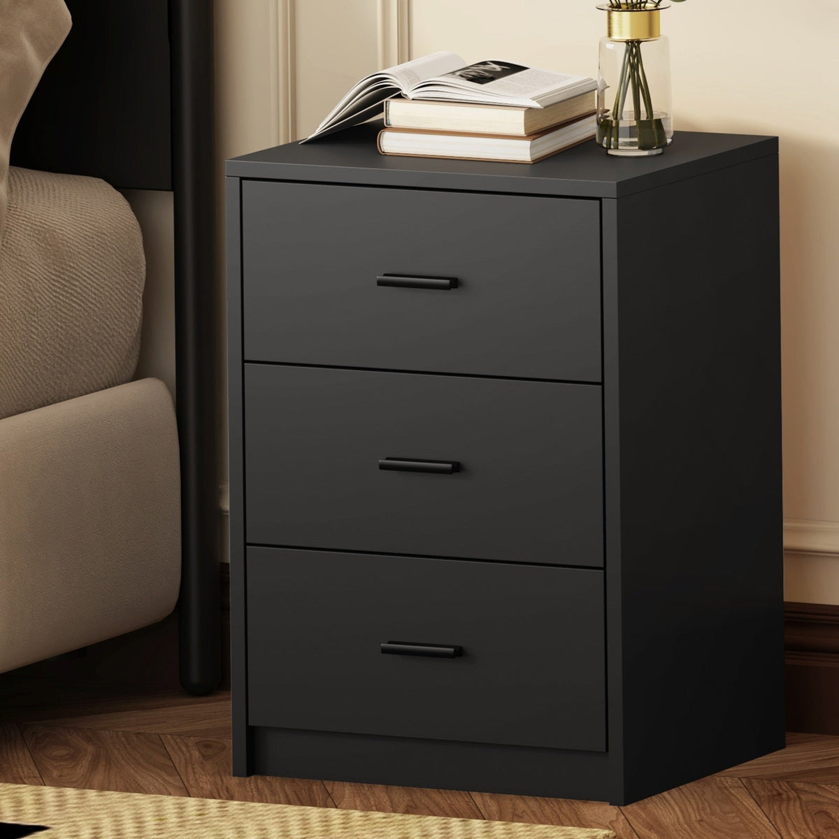 Oikiture Bedside Table 3 Drawers Nightstand Bedroom Storage Side End