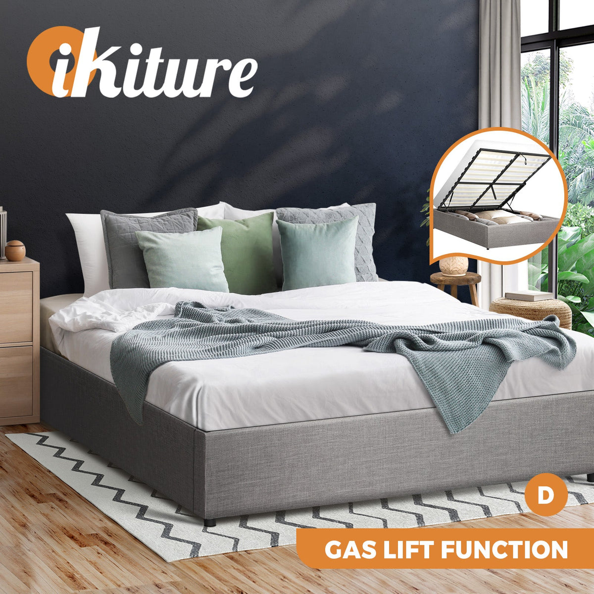 Oikiture Bed Frame Queen Double King Single Gas Lift Base With Storage Platform