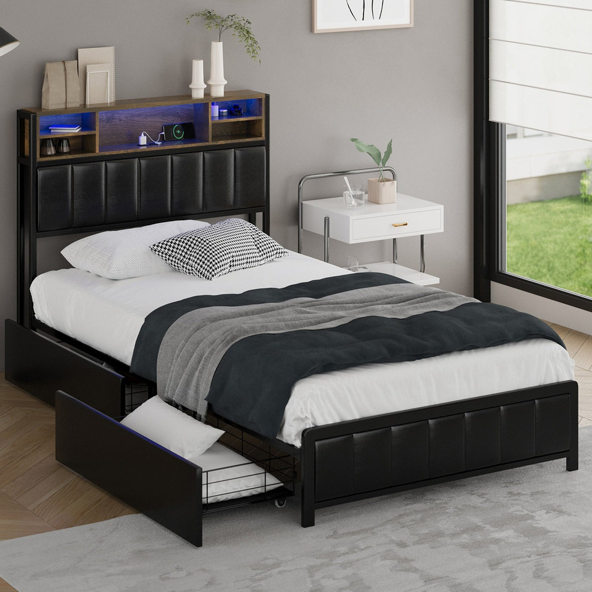 Oikiture Queen Double King Single Bed Frame with LED Headboard 2 Drawers USB