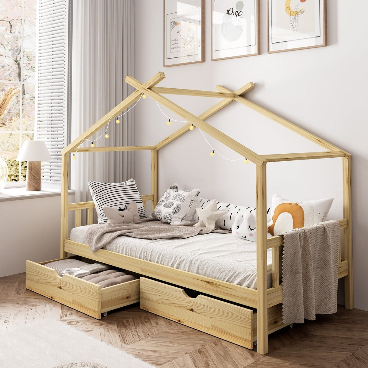 Oikiture Bed Frame Wooden Single Timber House Base Beds Pine Storage Drawers
