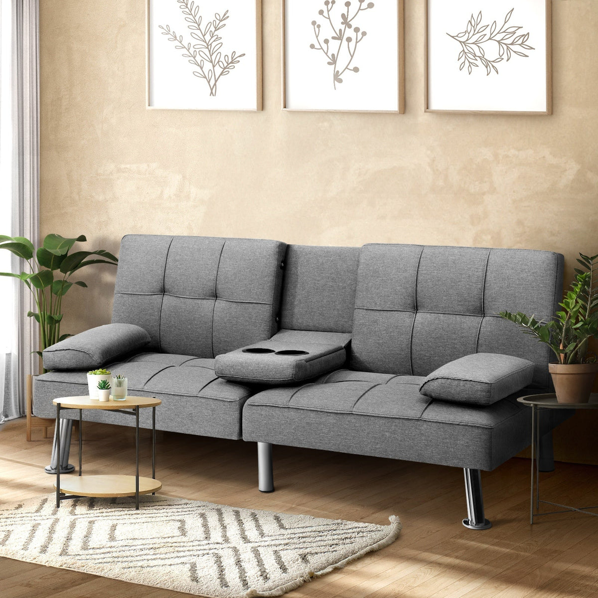 Oikiture Sofa Bed Lounge 3 Seater Futon Couch Recliner Cup Holder Sofabed Seat