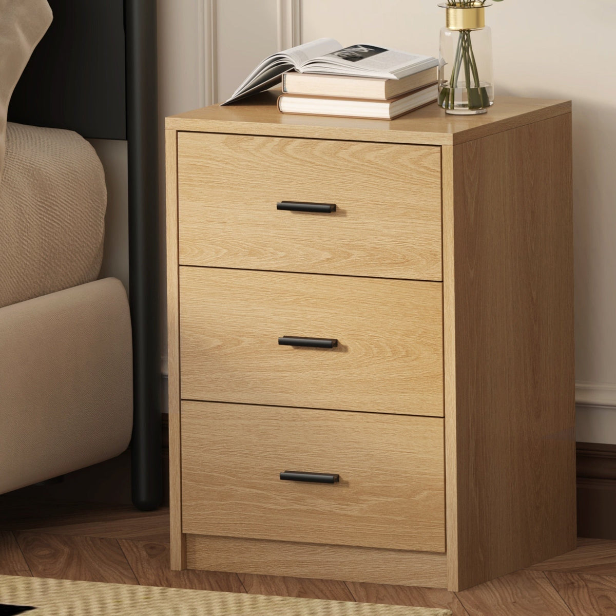 Oikiture Bedside Table 3 Drawers Nightstand Bedroom Storage Side End
