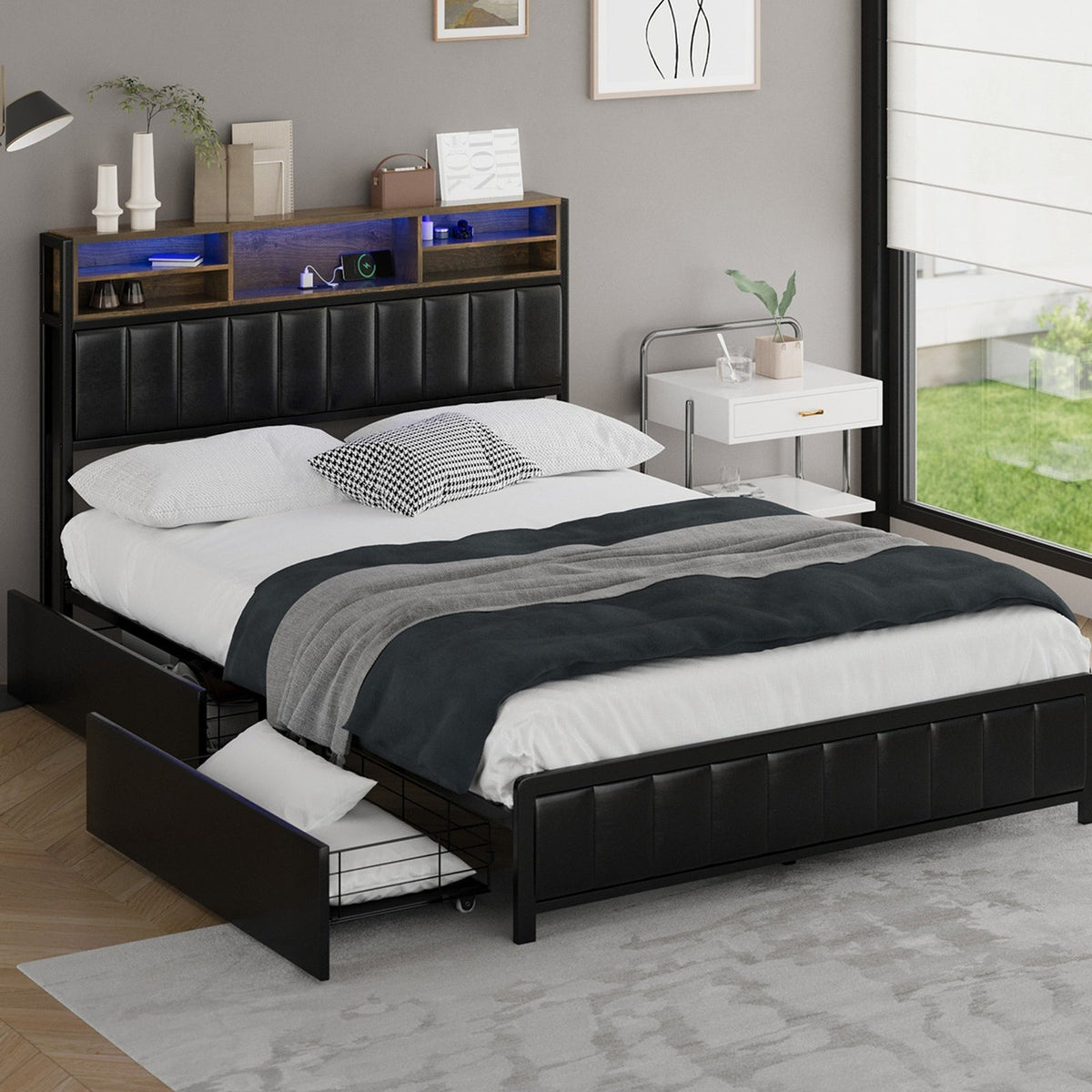 Oikiture Queen Double King Single Bed Frame with LED Headboard 2 Drawers USB
