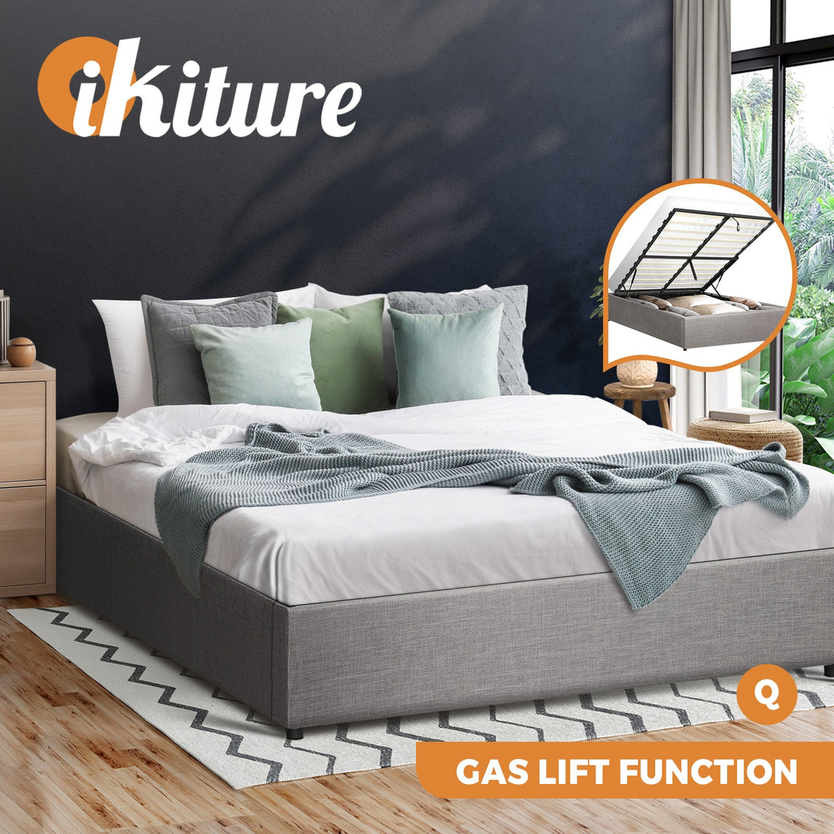 Oikiture Bed Frame Queen Double King Single Gas Lift Base With Storage Platform