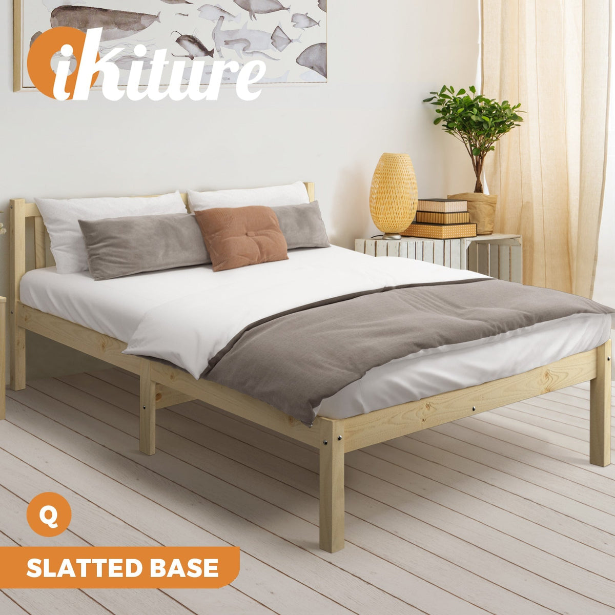 Oikiture Bed Frame Queen Double King Single Wooden Mattress Base Wood Headboard