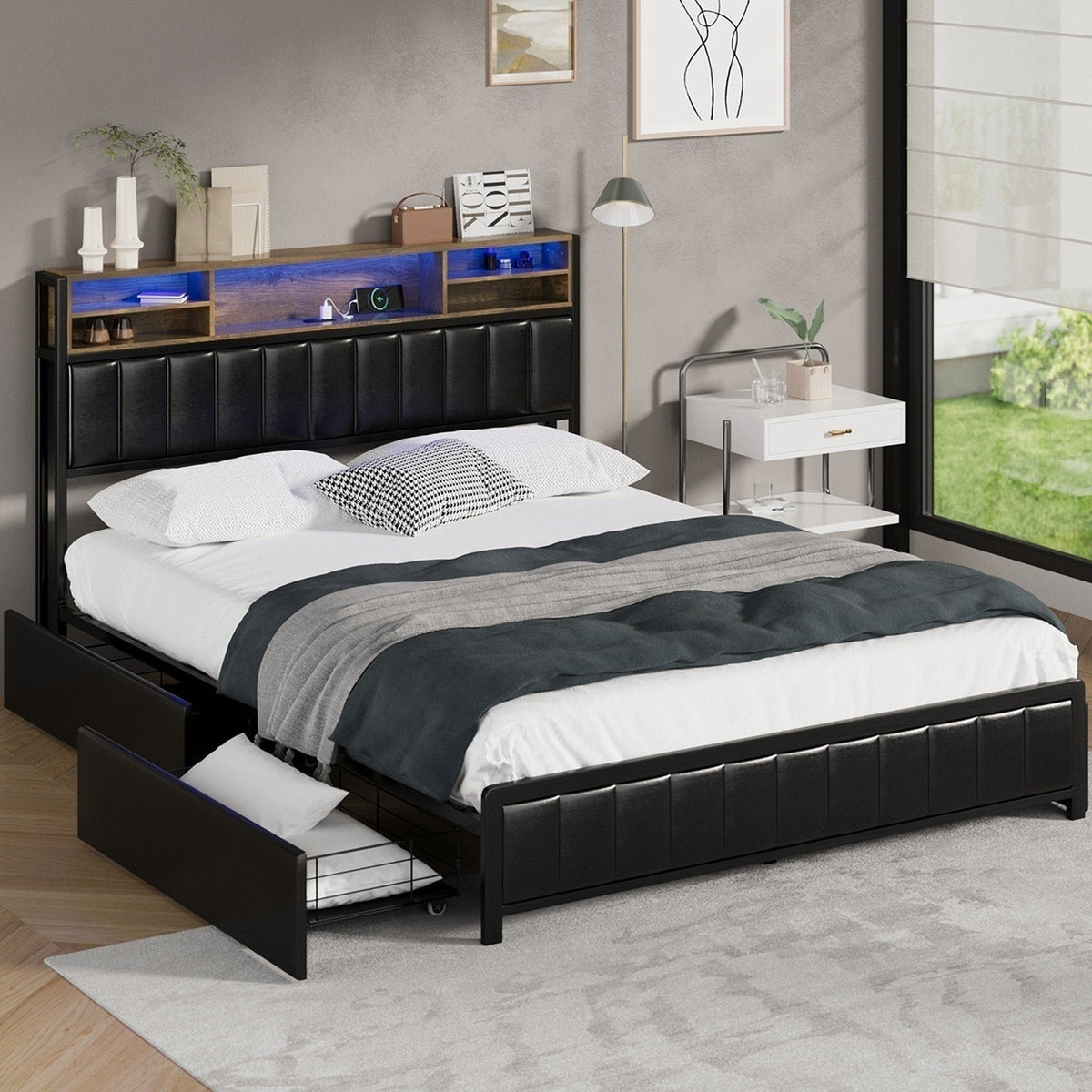 Oikiture Queen Double King Single Bed Frame with LED Headboard 2 Drawers USB
