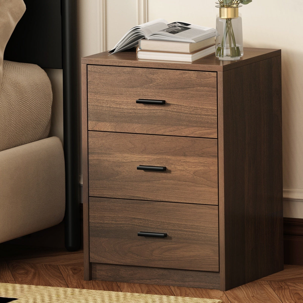 Oikiture Bedside Table 3 Drawers Nightstand Bedroom Storage Side End
