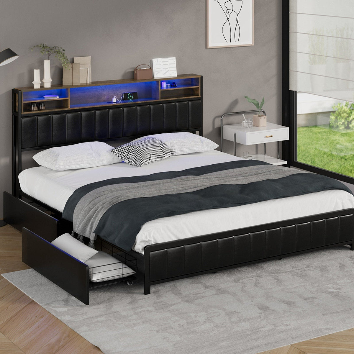 Oikiture Queen Double King Single Bed Frame with LED Headboard 2 Drawers USB