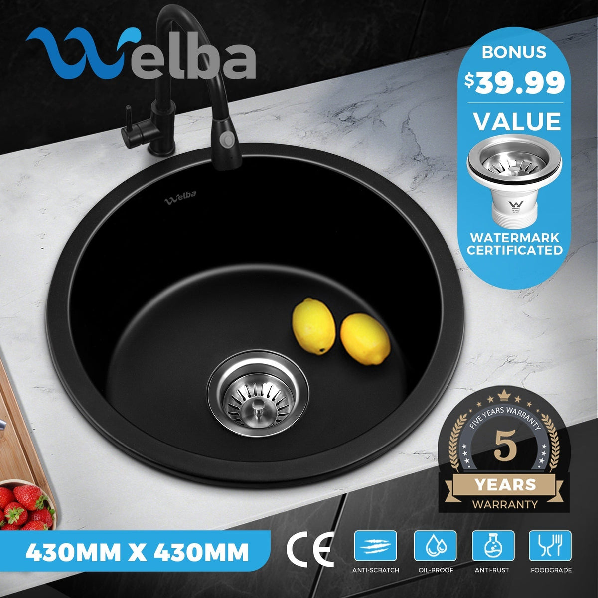 Welba Kitchen Sink Basin Stone Sink Bathroom Laundry Single Double Bowl