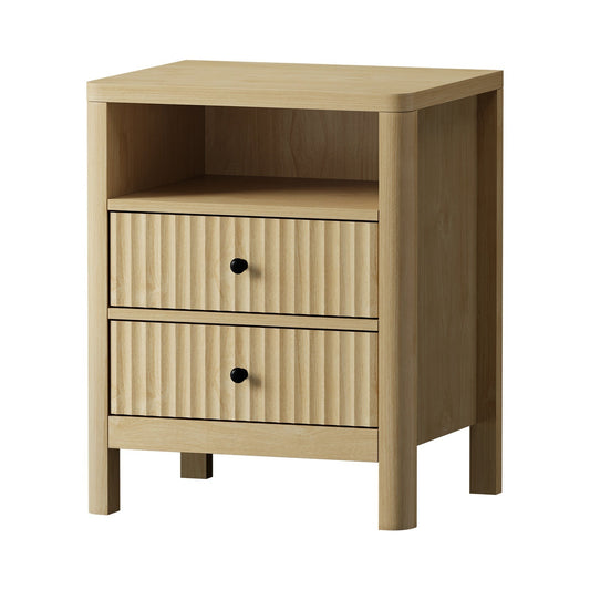 Oikiture Bedside Table 2 Drawers Side End Tables Nightstand Open Shelf Natural